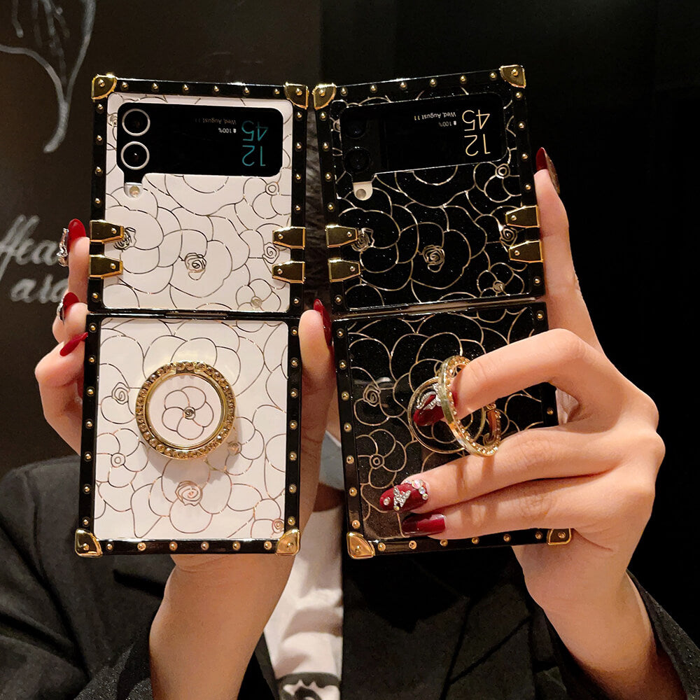 Luxury Brand Camellia Gold Plating Square Case For Samsung Galaxy Z Flip4 Flip3 5G Samsung Cases