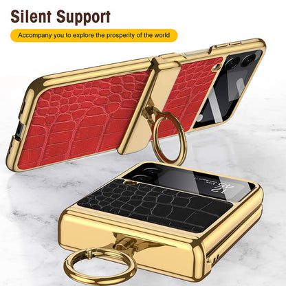 Golden Frame Leather Magnetic Hinge Ring Holder Case For Samsung Galaxy Z Flip3(4) Samsung Cases