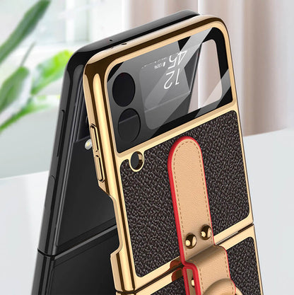 Original Leather Back Screen Tempered Glass Hard Frame Cover For Samsung Z Flip 3 5G With Lanyard Samsung Galaxy Z Flip 3 Case