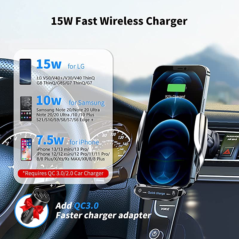 Wireless Car Charger Mount 15W Qi Fast Charging Auto Clamping Air Vent Cell Phone Holder Bracket Compatible with All Apple iPhone Android Smartphone Telephony