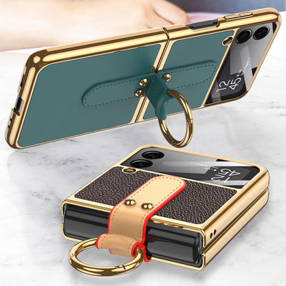 Original Leather Back Screen Tempered Glass Hard Frame Cover For Samsung Z Flip 3 5G With Lanyard Samsung Galaxy Z Flip 3 Case