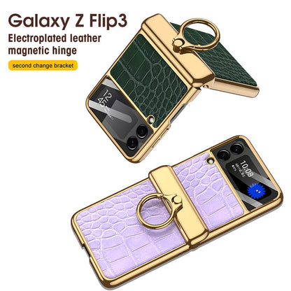 Golden Frame Leather Magnetic Hinge Ring Holder Case For Samsung Galaxy Z Flip3(4) Samsung Cases