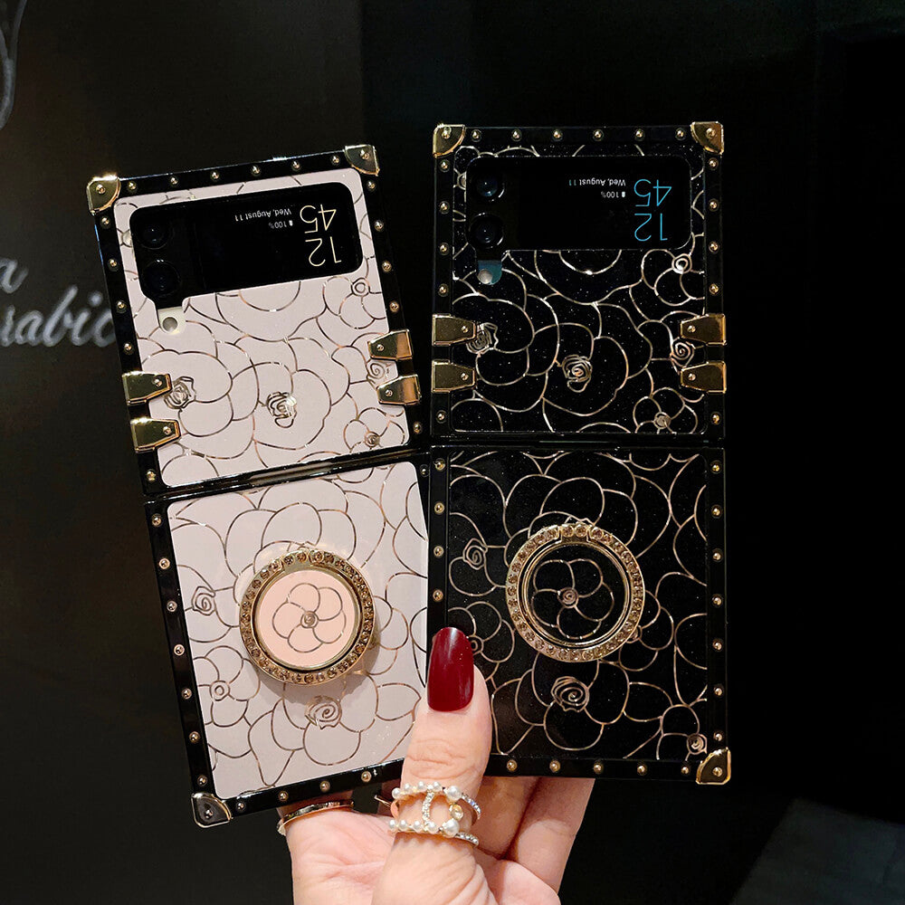 Luxury Brand Camellia Gold Plating Square Case For Samsung Galaxy Z Flip4 Flip3 5G Samsung Cases