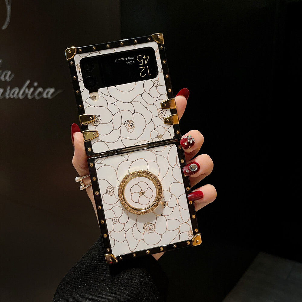 Luxury Brand Camellia Gold Plating Square Case For Samsung Galaxy Z Flip4 Flip3 5G Samsung Cases