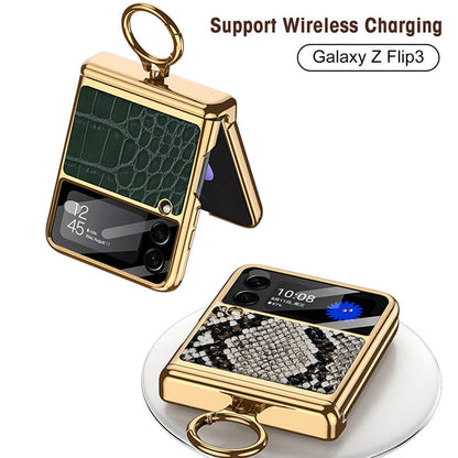 Golden Frame Leather Magnetic Hinge Ring Holder Case For Samsung Galaxy Z Flip3(4) Samsung Cases