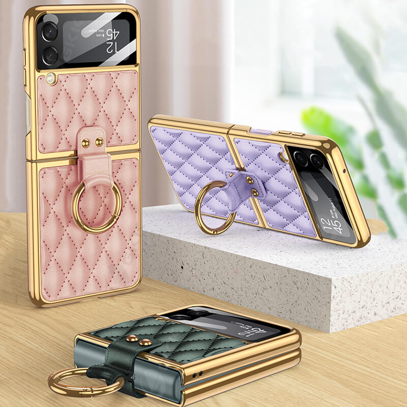 Newest Luxury Leather Electroplating Diamond Protective Cover For Samsung Galaxy Z Flip4 Flip3 5G Samsung Cases