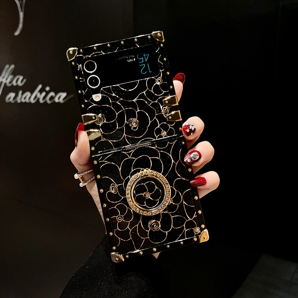 Luxury Brand Camellia Gold Plating Square Case For Samsung Galaxy Z Flip4 Flip3 5G Samsung Cases