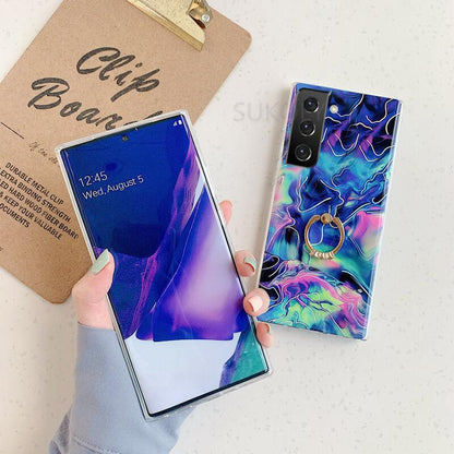 Laser Marble Pattern Ring Holder Protective Cover For Samsung S22 S21 S20 S10 Note20 Note10 A72 A52 A42 A32 Samsung Cases