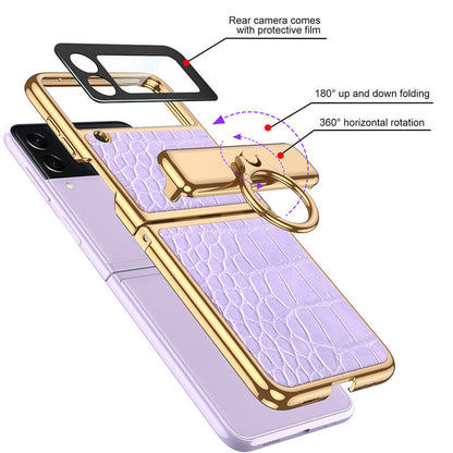 Golden Frame Leather Magnetic Hinge Ring Holder Case For Samsung Galaxy Z Flip3(4) Samsung Cases