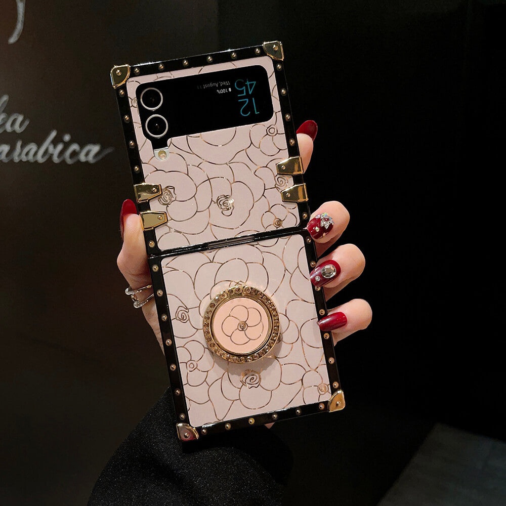 Luxury Brand Camellia Gold Plating Square Case For Samsung Galaxy Z Flip4 Flip3 5G Samsung Cases