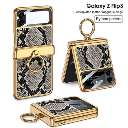 Golden Frame Leather Magnetic Hinge Ring Holder Case For Samsung Galaxy Z Flip3(4) Samsung Cases