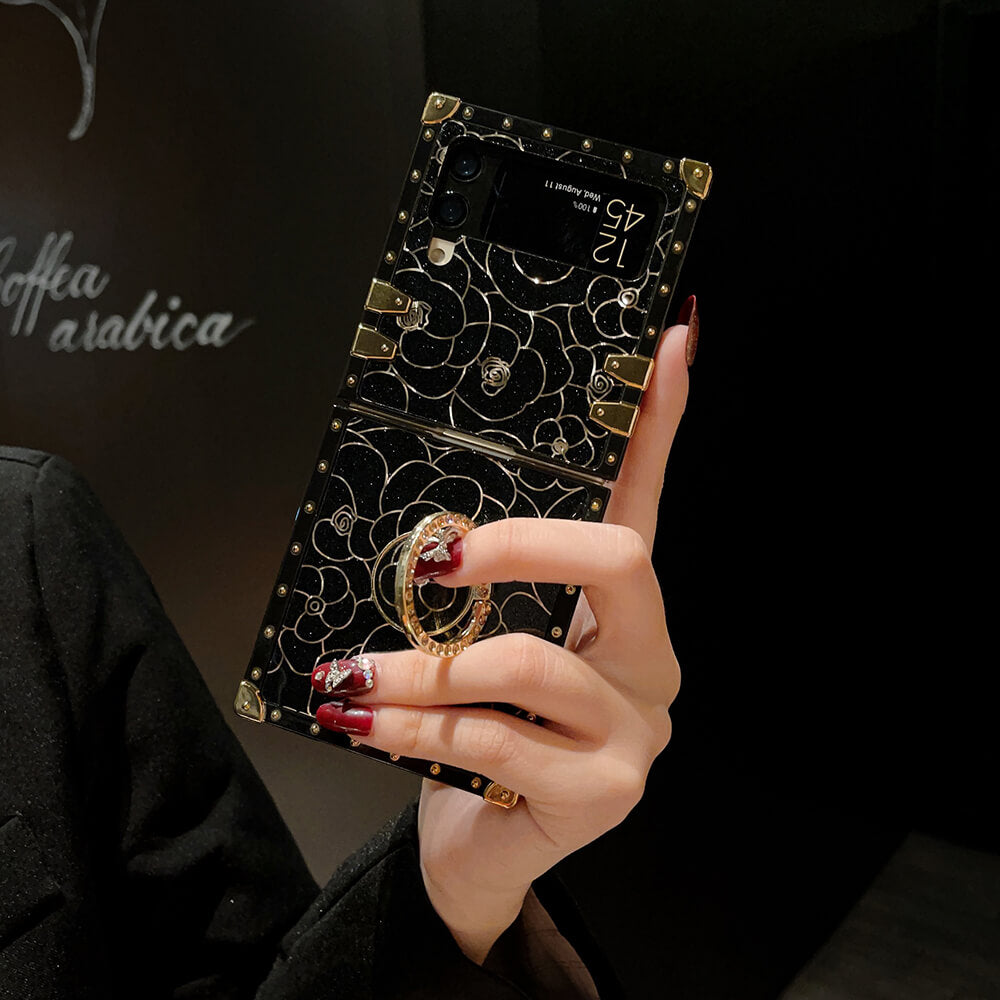 Luxury Brand Camellia Gold Plating Square Case For Samsung Galaxy Z Flip4 Flip3 5G Samsung Cases