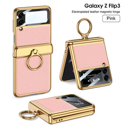 Golden Frame Leather Magnetic Hinge Ring Holder Case For Samsung Galaxy Z Flip3(4) Samsung Cases