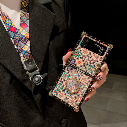 Retro Boho Style Ring Case With Lanyard for Samsung Galaxy Z Flip3 Flip4 5G Samsung Cases