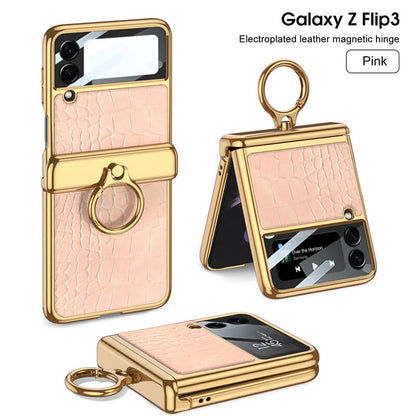 Golden Frame Leather Magnetic Hinge Ring Holder Case For Samsung Galaxy Z Flip3(4) Samsung Cases