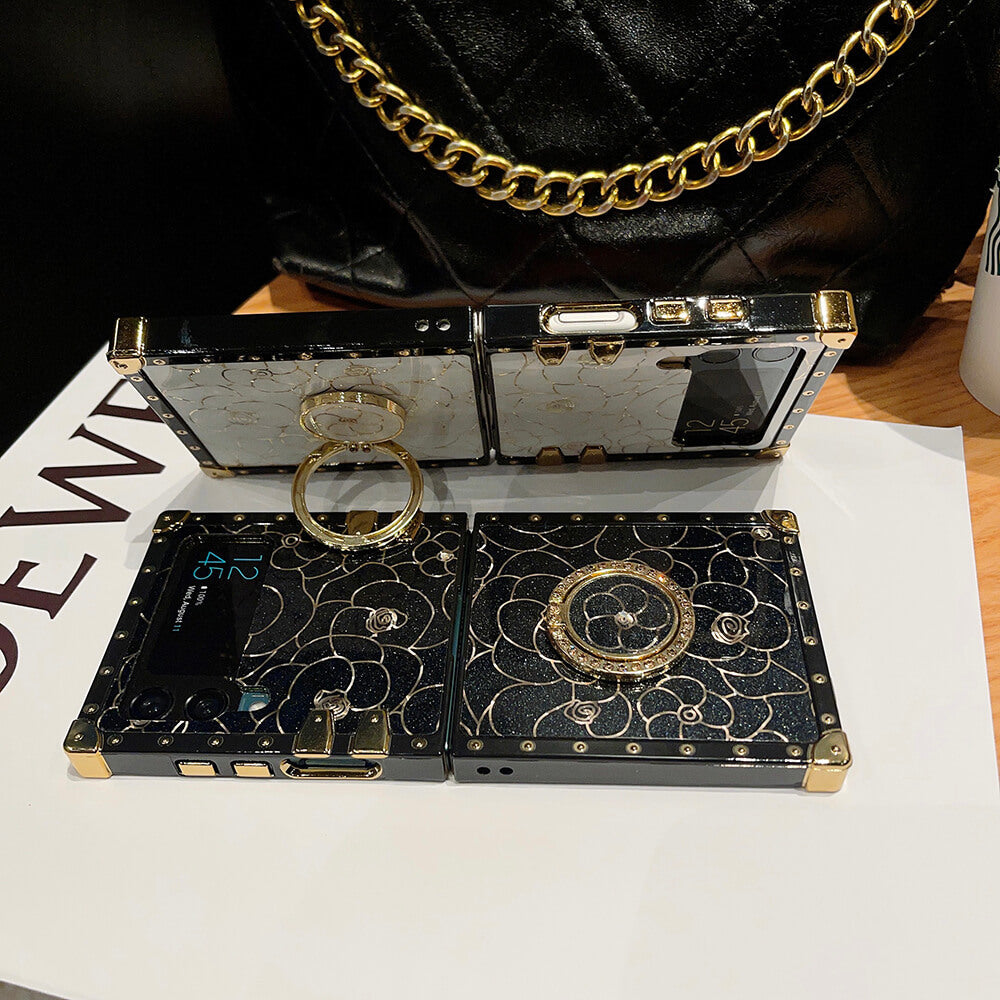 Luxury Brand Camellia Gold Plating Square Case For Samsung Galaxy Z Flip4 Flip3 5G Samsung Cases