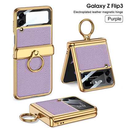 Golden Frame Leather Magnetic Hinge Ring Holder Case For Samsung Galaxy Z Flip3(4) Samsung Cases