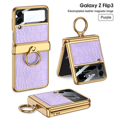 Golden Frame Leather Magnetic Hinge Ring Holder Case For Samsung Galaxy Z Flip3(4) Samsung Cases