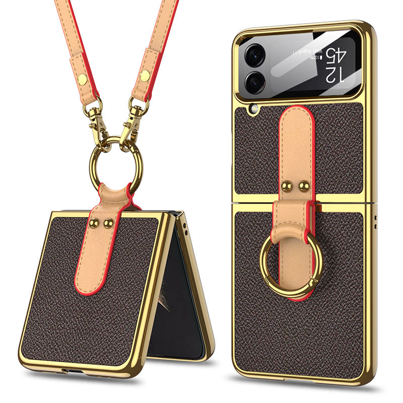 Luxury Leather Back Screen Tempered Glass Hard Frame Cover For Samsung Z Flip4 Flip3 5G With Lanyard Samsung Cases
