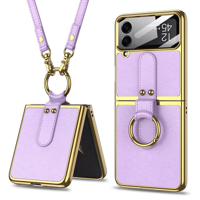 Luxury Leather Back Screen Tempered Glass Hard Frame Cover For Samsung Z Flip4 Flip3 5G With Lanyard Samsung Cases