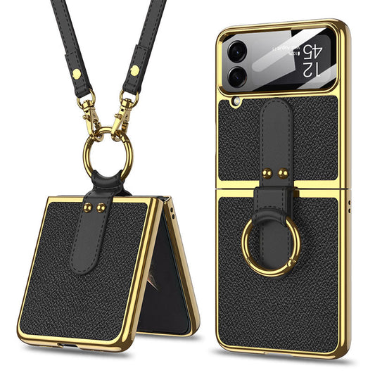 Luxury Leather Back Screen Tempered Glass Hard Frame Cover For Samsung Z Flip4 Flip3 5G With Lanyard Samsung Cases
