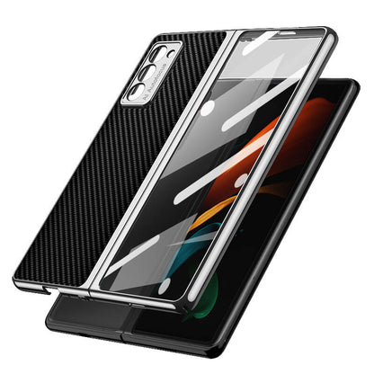 Luxury Leather Carbon Fiber Plating Case For Samsung Galaxy Z Fold3 Fold2 With Tempered Glass Screen Samsung Galaxy Z Fold 3 Case
