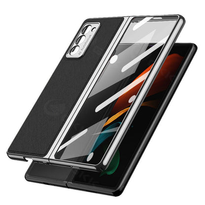 Luxury Leather Carbon Fiber Plating Case For Samsung Galaxy Z Fold3 Fold2 With Tempered Glass Screen Samsung Galaxy Z Fold 3 Case
