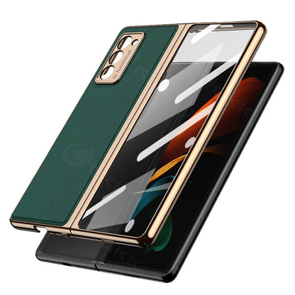 Luxury Leather Carbon Fiber Plating Case For Samsung Galaxy Z Fold3 Fold2 With Tempered Glass Screen Samsung Galaxy Z Fold 3 Case