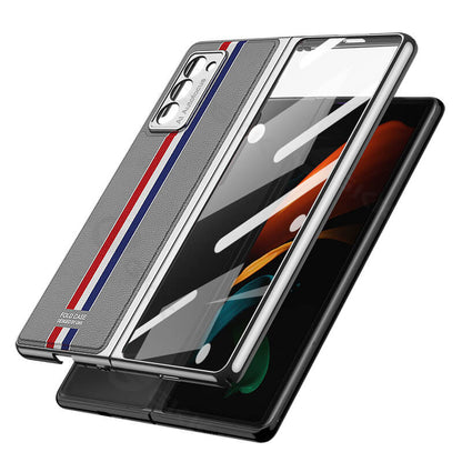 Luxury Leather Carbon Fiber Plating Case For Samsung Galaxy Z Fold3 Fold2 With Tempered Glass Screen Samsung Galaxy Z Fold 3 Case