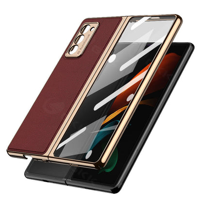 Luxury Leather Carbon Fiber Plating Case For Samsung Galaxy Z Fold3 Fold2 With Tempered Glass Screen Samsung Galaxy Z Fold 3 Case