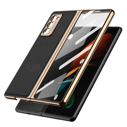 Luxury Leather Carbon Fiber Plating Case For Samsung Galaxy Z Fold3 Fold2 With Tempered Glass Screen Samsung Galaxy Z Fold 3 Case