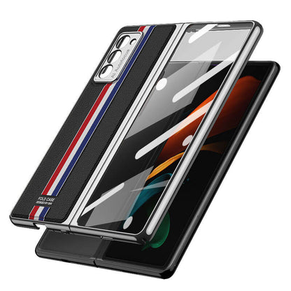 Luxury Leather Carbon Fiber Plating Case For Samsung Galaxy Z Fold3 Fold2 With Tempered Glass Screen Samsung Galaxy Z Fold 3 Case