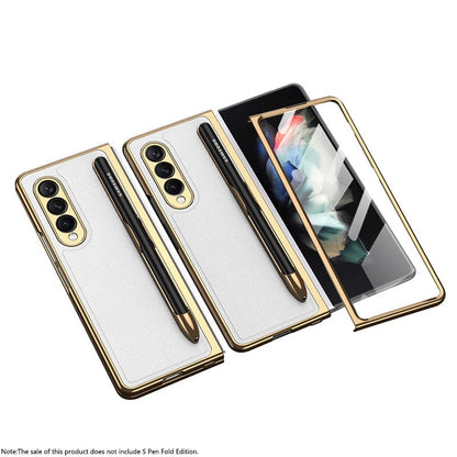 Luxury Leather Carbon Fiber Plating Case For Samsung Galaxy Z Fold3 Fold2 With Tempered Glass Screen Samsung Galaxy Z Fold 3 Case