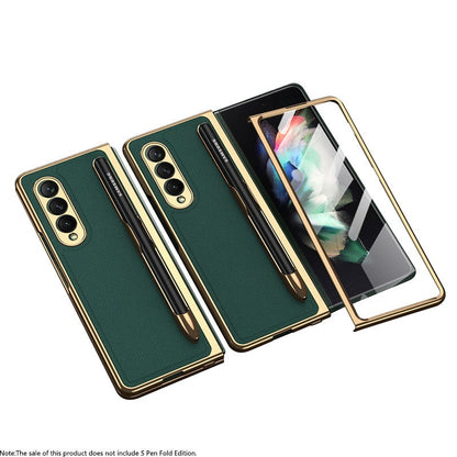 Luxury Leather Carbon Fiber Plating Case For Samsung Galaxy Z Fold3 Fold2 With Tempered Glass Screen Samsung Galaxy Z Fold 3 Case