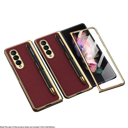 Luxury Leather Carbon Fiber Plating Case For Samsung Galaxy Z Fold3 Fold2 With Tempered Glass Screen Samsung Galaxy Z Fold 3 Case