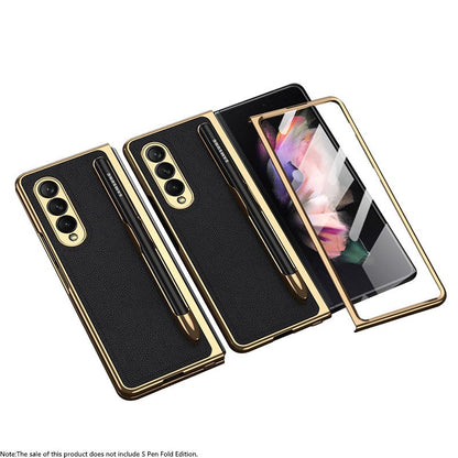 Luxury Leather Carbon Fiber Plating Case For Samsung Galaxy Z Fold3 Fold2 With Tempered Glass Screen Samsung Galaxy Z Fold 3 Case