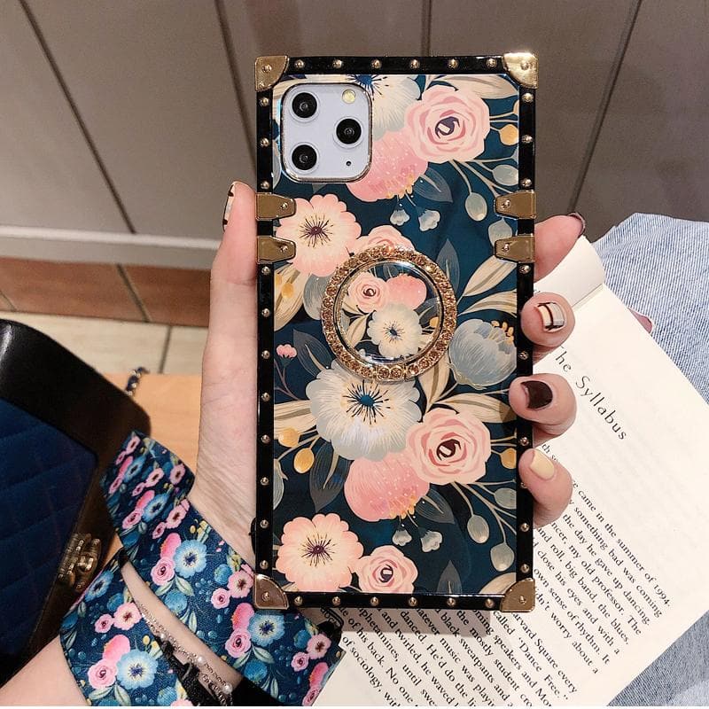 Stylish French Style Flower Lanyard Ring Phone Case for iPhone Samsung