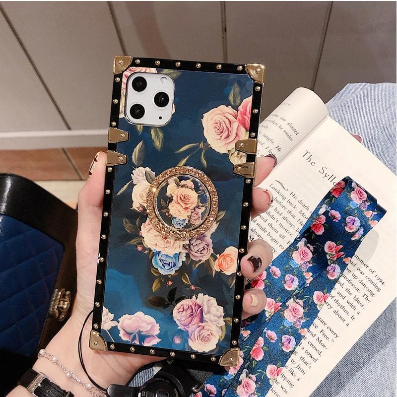 Stylish French Style Flower Lanyard Ring Phone Case for iPhone Samsung