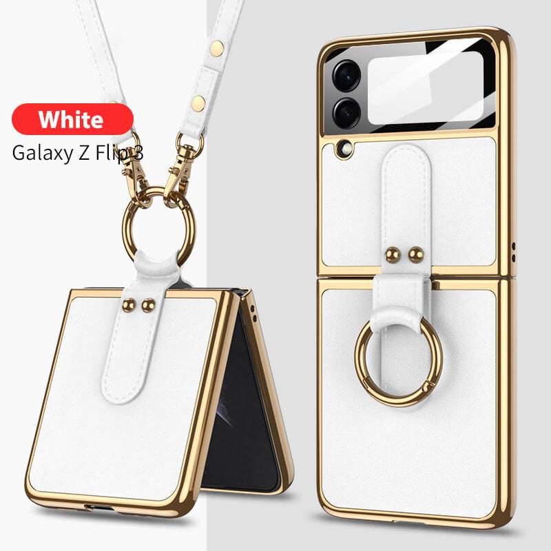 Original Leather Back Screen Tempered Glass Hard Frame Cover For Samsung Z Flip 3 5G With Lanyard Samsung Galaxy Z Flip 3 Case