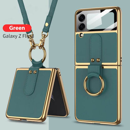 Original Leather Back Screen Tempered Glass Hard Frame Cover For Samsung Z Flip 3 5G With Lanyard Samsung Galaxy Z Flip 3 Case
