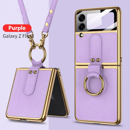 Original Leather Back Screen Tempered Glass Hard Frame Cover For Samsung Z Flip 3 5G With Lanyard Samsung Galaxy Z Flip 3 Case