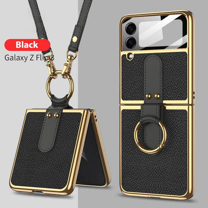 Original Leather Back Screen Tempered Glass Hard Frame Cover For Samsung Z Flip 3 5G With Lanyard Samsung Galaxy Z Flip 3 Case