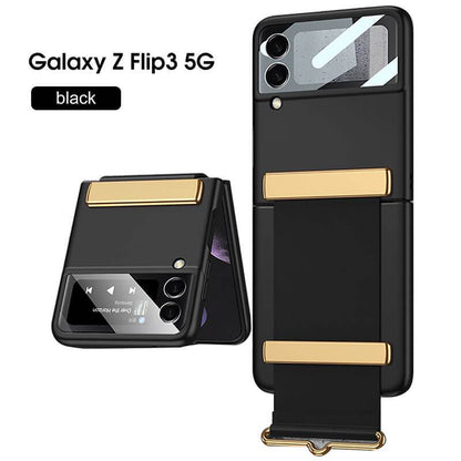 Original Leather Strap Holder Glass Hard Cover - Samsung Z Flip 3 5G Phone Case Samsung Galaxy Z Flip 3 Case