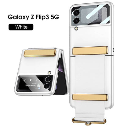 Original Leather Strap Holder Glass Hard Cover - Samsung Z Flip 3 5G Phone Case Samsung Galaxy Z Flip 3 Case