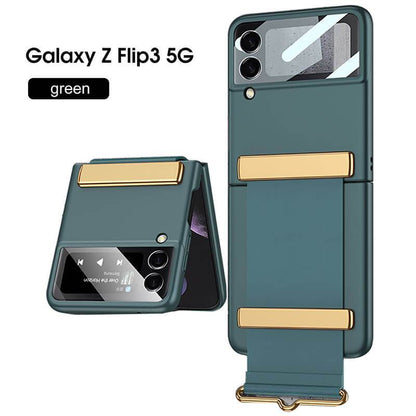 Original Leather Strap Holder Glass Hard Cover - Samsung Z Flip 3 5G Phone Case Samsung Galaxy Z Flip 3 Case