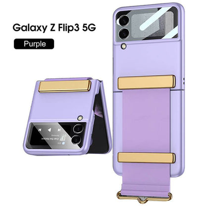 Original Leather Strap Holder Glass Hard Cover - Samsung Z Flip 3 5G Phone Case Samsung Galaxy Z Flip 3 Case