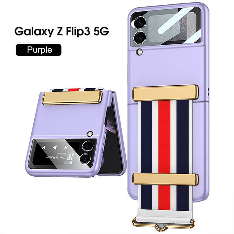 Original Leather Strap Holder Glass Hard Cover - Samsung Z Flip 3 5G Phone Case Samsung Galaxy Z Flip 3 Case