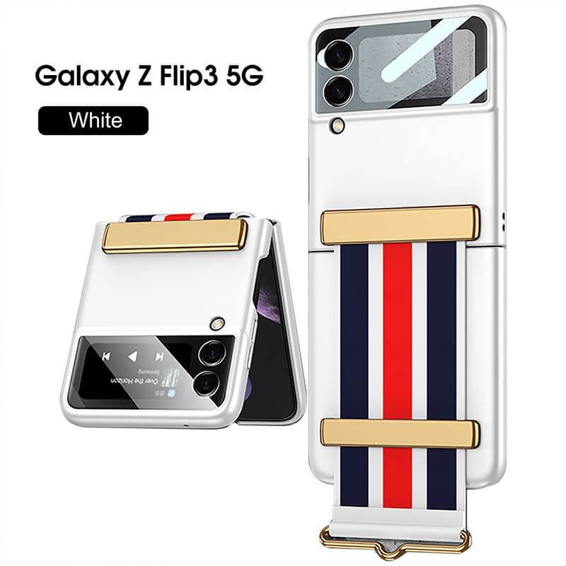 Original Leather Strap Holder Glass Hard Cover - Samsung Z Flip 3 5G Phone Case Samsung Galaxy Z Flip 3 Case