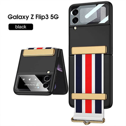 Original Leather Strap Holder Glass Hard Cover - Samsung Z Flip 3 5G Phone Case Samsung Galaxy Z Flip 3 Case