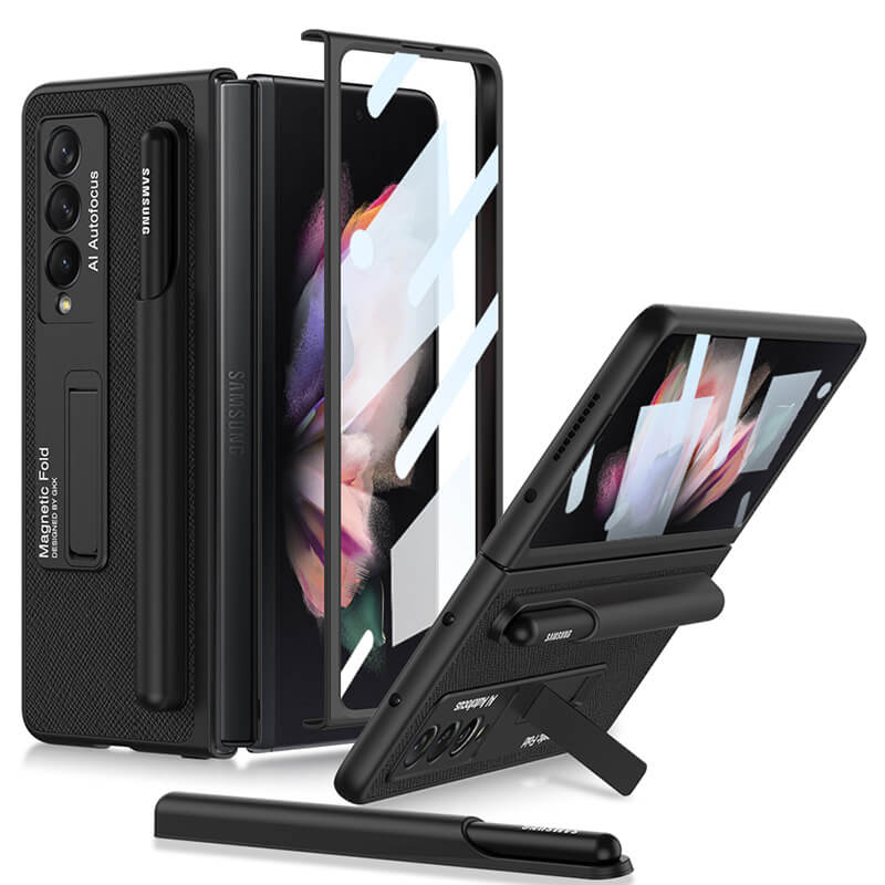 Newest Magnetic Folding Stand Tempered Glass Film Removable Pen Case Leather Phone Case For Samsung Galaxy Z Fold 3 5G